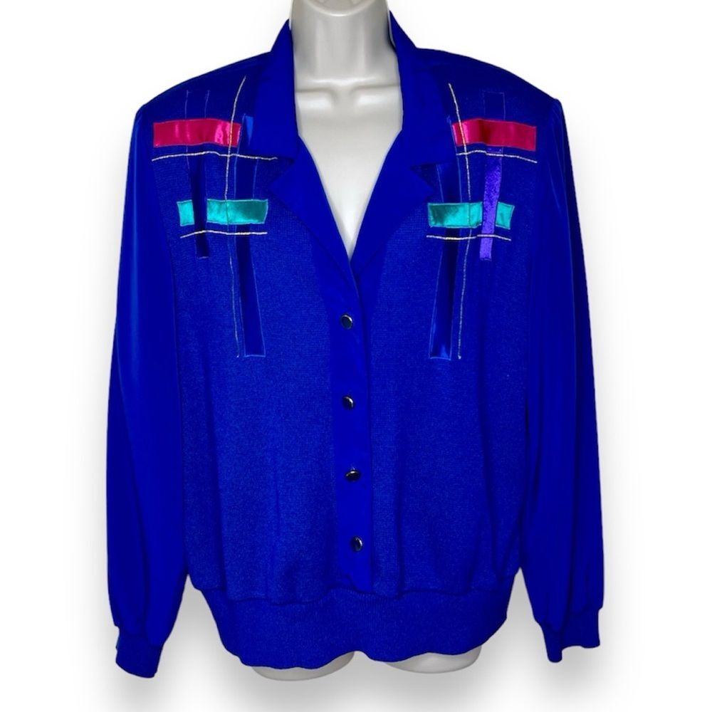 Vintage Philippe Marques Knit Sweater Blouse Blue Applique Colorblock Women T18